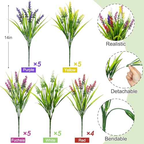 Image of Bassion 24 Bundles Artificial Flowers for Outdoors Fake Lavender, Mixed | UV resistant, plastic faux lavender with monkey grass, outside planter window box garden patio front porch home decor