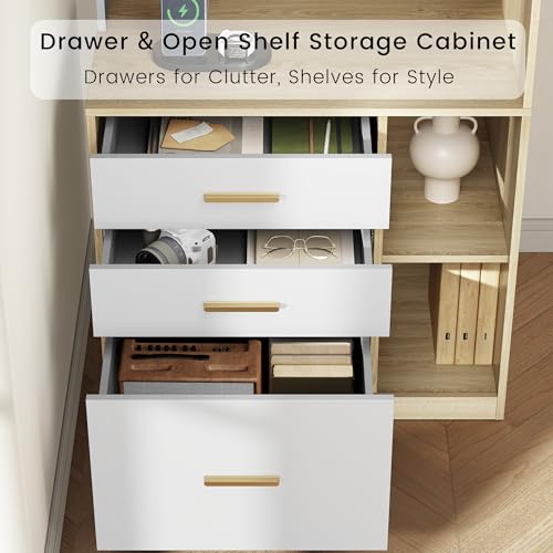 Image of ModernMate 74.4 inch Corner Bookshelf with 3 Drawers and Storage, Power Outlet