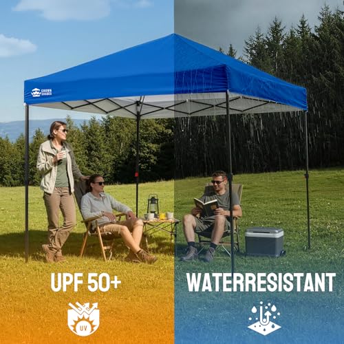 Image of CROWN SHADES 8x8 Pop Up Canopy - Patented Center Lock One Push Instant Outdoor Canopy Beach Tent with STO-N-Go Bag 8 Stakes & 4 Sand Bags,Blue