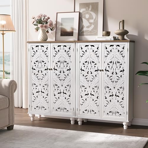 Image of Accent Cabinet with Doors, 47 inch Tall Buffet Cabinet with Solid Wood Legs, Freestanding Sideboard for Living Room, Entryway, Dining Room, Bedroom, White