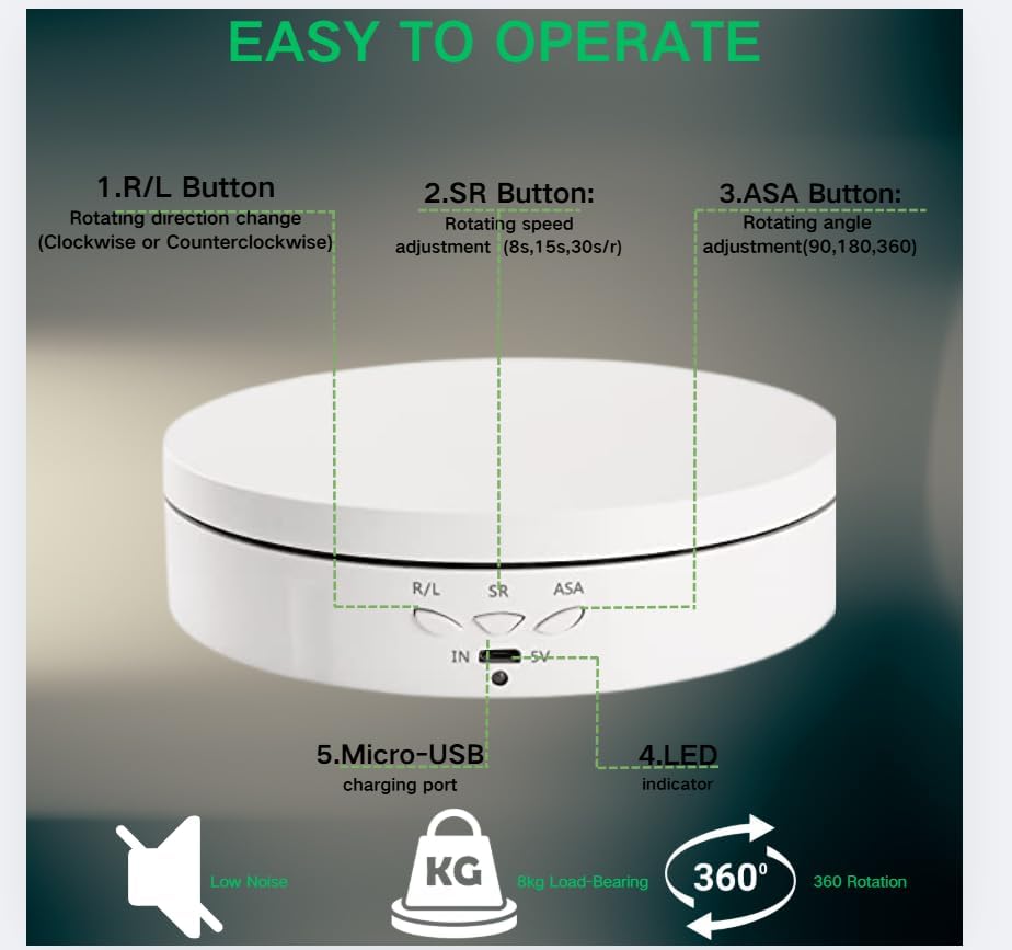 Detailed view of the JAYEGT Motorized Rotating Display Stand's control panel with R/L, SR, and ASA buttons, and USB port.
