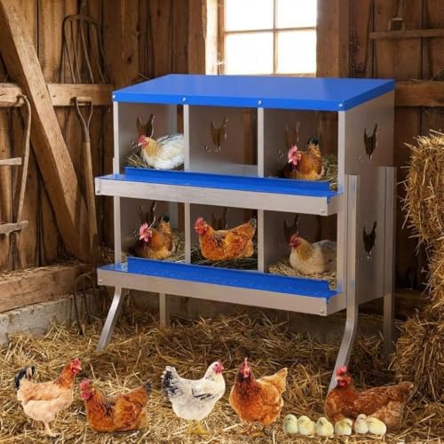 Chicken Nesting Box, 6 Compartment Galvanized Steel Chicken Laying Boxes, Heavy Duty Rustproof Chicken Coop with Easy Egg Collection for Backyard Farms - with Bracket Legs, Blue