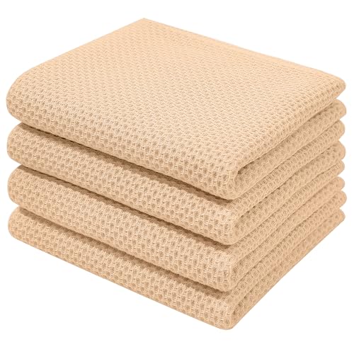 Homaxy 100% Cotton Waffle Weave Kitchen Dish Towels, Ultra Soft Absorbent Quick Drying Cleaning Towel, 13 x 28 Inches, 4-Pack, Apricot