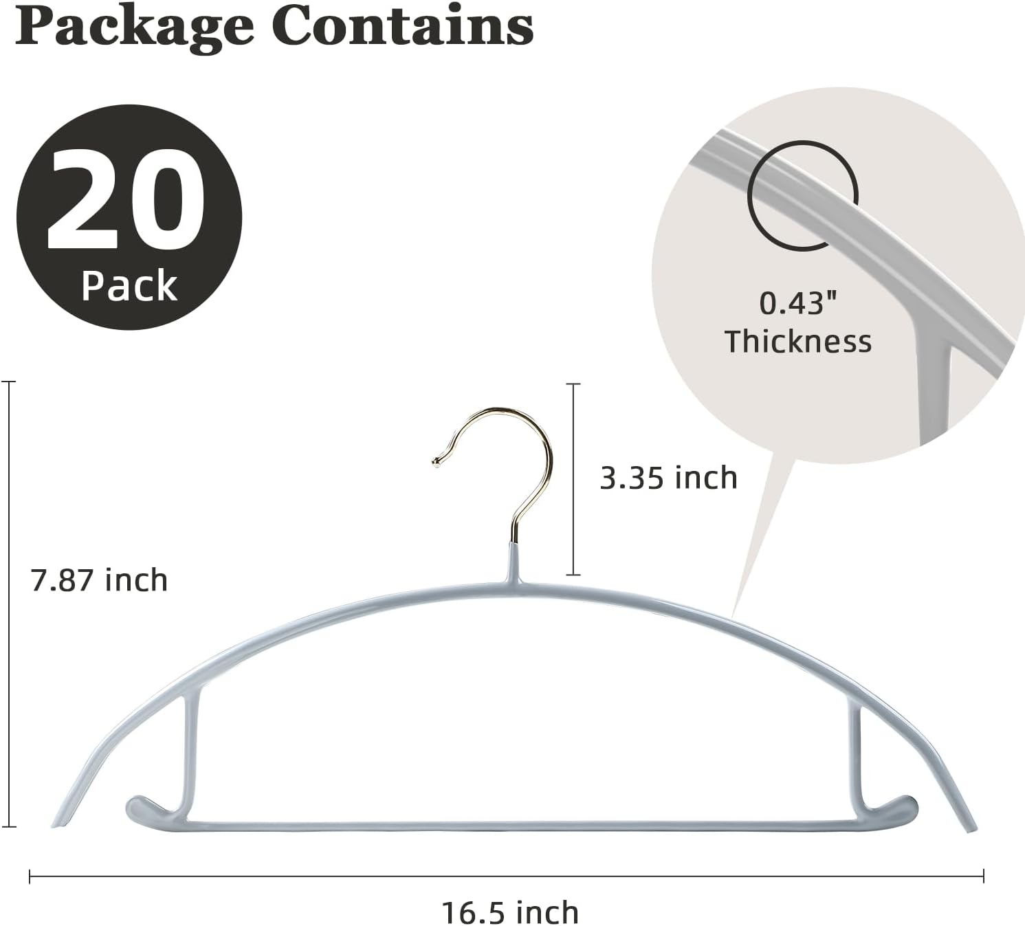 MOPALL Clothes Hangers 20 Pack, Non Slip Hangers Sweater Hanger No Shoulder Bump, 16.5 Inch Wide Durable and Strong Shirt Coat Dress Skirt Suit Hangers with Pants Bar for Laundry & Everyday Use, Gray