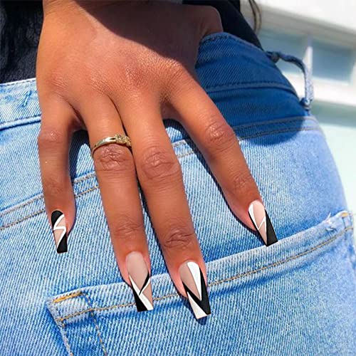 Qingge Black White Line French Tips Press On Nails Long Matte Fake Nails Coffin False Nails With V Line Z Line Design Full Cover Stick On Nails Acrylic Nails For Women 24Pcs #TOP4