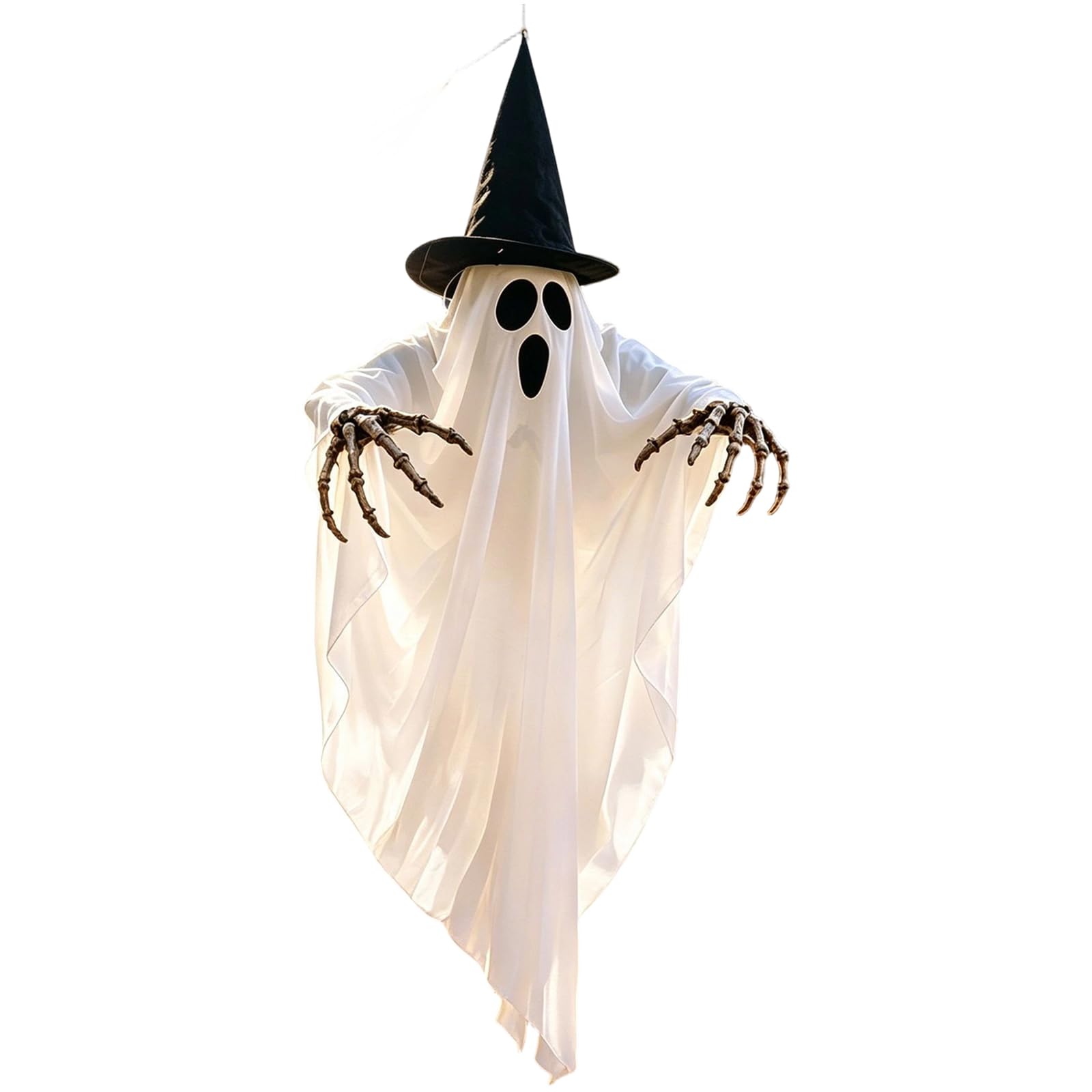 Halloween Lighted Hanging Ghost with Witch Hat & Skeleton Hands