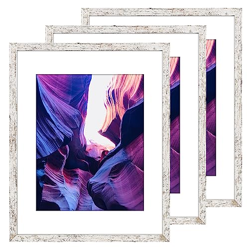 TWING 12 x 16 Rustic Picture Frames Set of 3, Distressed White Farmhouse Photo Frames Display Pictures 8.5 x 11 with Mat or 12x16 Without Mat, Large Photo Gallery Wall Frame Set Composite Wood