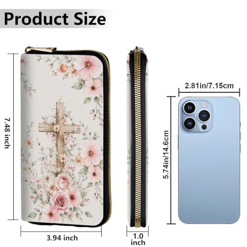 Image of Women's Wallets Credit Card Holder Money Leather Long Wallet | Long wallet with Wristlet,Large Capacity with Zip-Around Phone Purse for Women Ladies Girls,Pink Floral Cross Christian