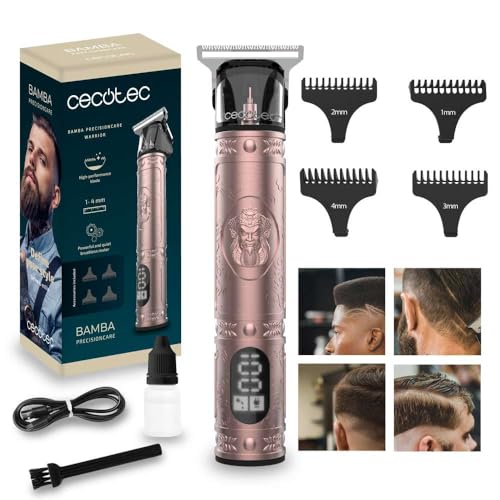 Cecotec Cortapelos y Perfiladora Profesional Bamba PrecisionCare Warrior. Cuchilla Afilada de Alto Rendimiento, 4 Peines Guía 1-4 MM, Autonomía 120mins, Pantalla, Diseño Ergonómico, Cepillo y Aceite