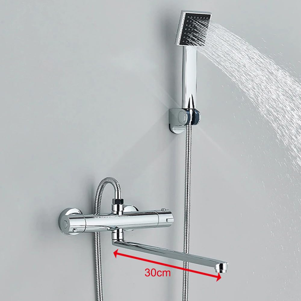 HomeLava Grifo termostático con ducha de mano, grifo mezclador de ducha, termostato con botón de seguridad de 38 °C, juego de ducha para ducha y bañera, cromado
