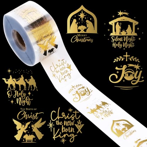 1000 Pcs Clear Christmas Stickers Roll Gold Foil Nativity Scene Stickers Xmas Winter Holiday Round Adhesive Label Sticker Decal for Xmas Envelopes Invitations Cards Gifts Decor 6 Designs