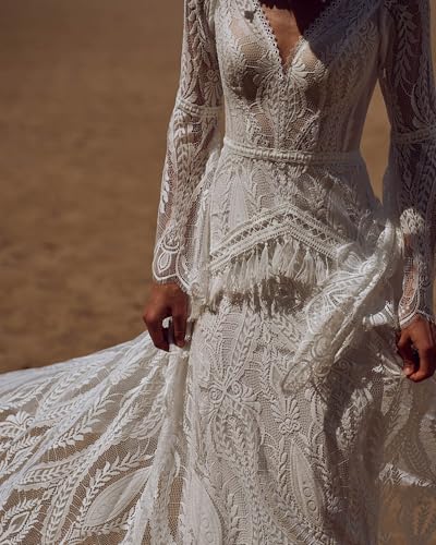 Image of Lace Wedding Dress for Bride Bohemian V Neck Long Sleeves Low Back A Line Tasseled Gardern Lace Bridal Gown for Women