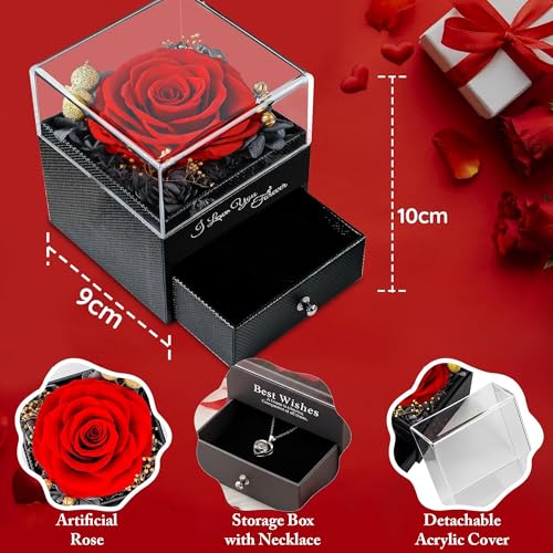 Image of Kidology Preserved Red Rose with Heart Necklace in Luxury Gift Box | Eternal Rose Romantic Gift for Girlfriend, Wife & Mom | Valentine, Birthday & Marriage Anniversary Keepsake for Women (1 Piece)