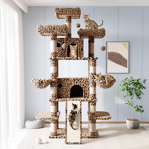 Image of Allewie 82 Inches Large Cat Tree /House /XXL Tall Cat Towers for Big Feline /Scratching Post /Multi-Level Large Kitty Climbing Tree with Condo /Leopard Print