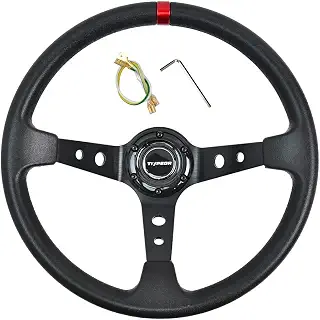 TIYPEOR ステアリング ハンドル 直径340mm 軽量アルミニウム レザー 車用 交換 ホーンボタン付き 汎用 ディープコンケーブ90mm6穴ブラ ディープコーンステアリング