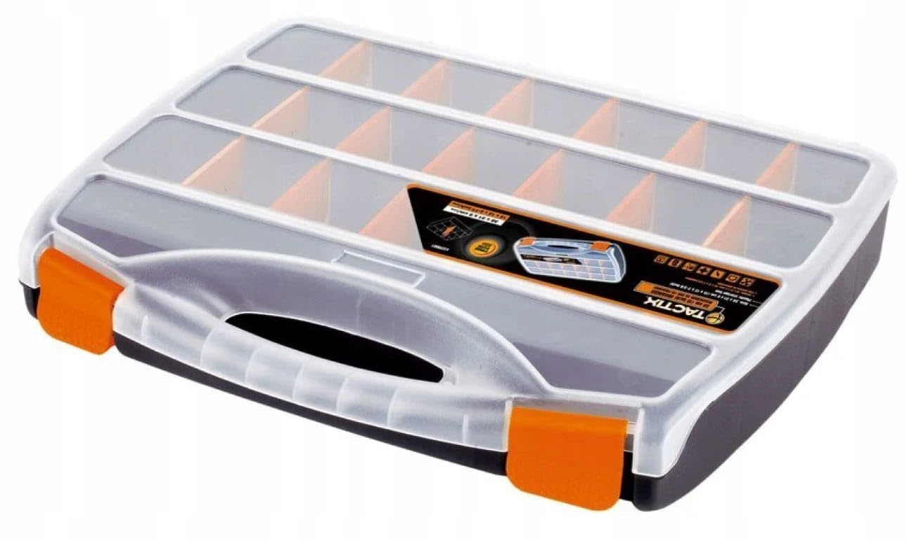 Tactix Hardware Organizer box with dividers 15 Inches, 21 Compartments For Small Parts with Durable Latches, Store Nuts, Bolts, Screws, Nails, & Small Hardware- 320001