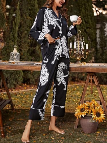 Image of Brosloth Women's Silk Satin Pajamas Long Sleeve Button Up Loungewear Set | Button Down Animal Print Pajamas, Ladies Fancy Pajama sets, Two Piece Lounge Set, Notch Collar Lightweight Sleepwear, Gift