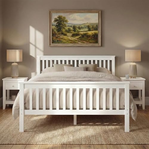 Blisswood Double Bed 4ft6 Double Bed Frame for Bedroom Solid Pine Wood Bed Frames For Kids & Adults Wooden Bed Frame With Headboard & Low Foot Double Beds 198L x 143W x 82H White