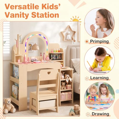 Image of HONEY JOY Kids Vanity, Wooden Girls Vanity Set with Lighted Mirror & Open Bookshelf, Ring Slot & Jewelry Storage, Toddler Makeup Vanity Desk Dressing Table, Kids Vanity Table and Chair Set (Natural)