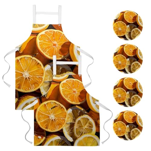 Tabliers de cuisine orange et citron réglables pour cuisiner en duo
