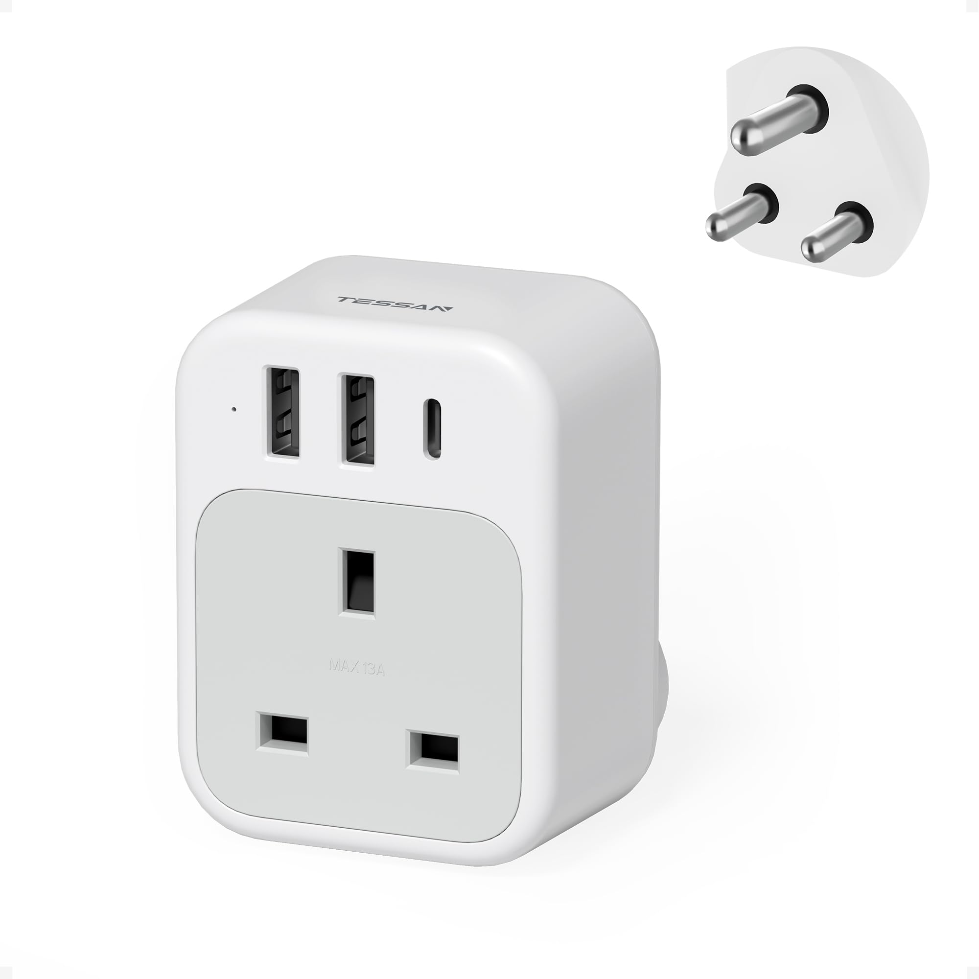 South Africa Plug Adapter, TESSAN UK to South Africa Plug Adapter with USB C and 2 USB A, 4 in 1 Travel Adaptor for Namibia, Botswana, Nepal, Mozambique