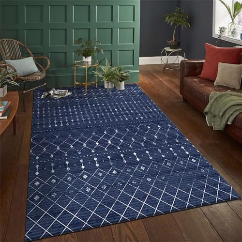 Tapis grande taille salon 200x300cm bleu à motif géométrique moderne
