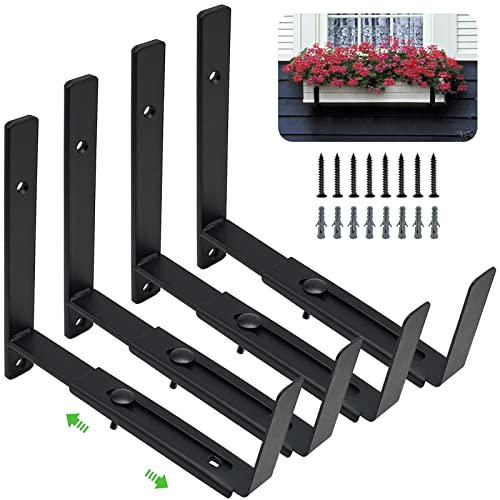 Pusonor Adjustable Window Box Bracket 4 Pack Heavy Duty Planter Box Bracket Flower Box Holder Wall Mount Suitable for Planter Boxes 6 inches to 12 inches Deep