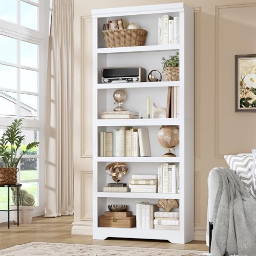 Garvee 6 Tier Bookshelf, 75" Tall Farmhouse Bookcase - 31.5" W with Adjustable Shelves, Open Display Storage Rack with Anti-Slip Design for Home Office, Balcony, Library, Study/Living Room, White
