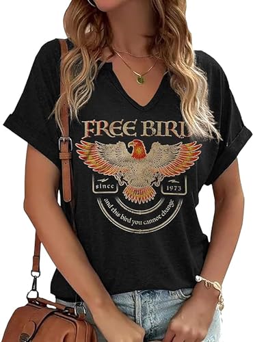 Women's Vintage Rock Band T-Shirt/Free Bird Eagle Graphic Tees/Country Concert Music Short Sleeve Shirts Tops