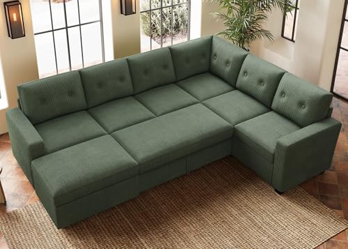Image of HONBAY 106.2 Inch U-Shaped Sectional Sleeper Sofa with Pull-Out Bed & Storage Ottoman, 7-Seater Sectional Sofa for Living Room, Pet-Resistant Corduroy Couch, Green