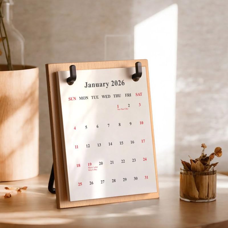 Miniatura 2 de Calendario de escritorio decorativo retro 2025 2026 con soporte de madera de haya, cartulina gruesa, tarjetas reemplazables, perfecto para oficina,