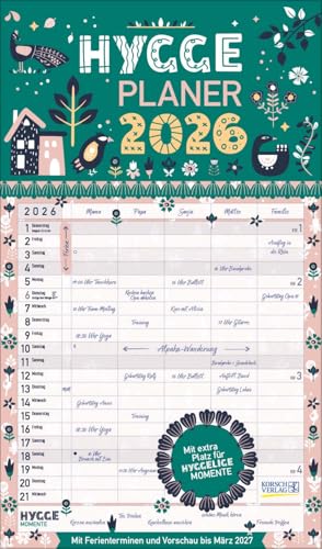 Hygge Planer 2026: Familienplaner, 5 große Spalten. Mit Ferienterminen, extra Spalte und Vorschau bis März 2027. Mit extra Platz für hyggelige Momente. Format: 27 x 46 cm