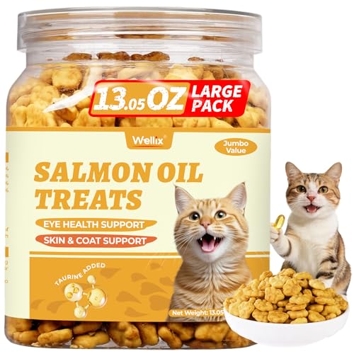 Wellix 13.05oz Salmon Oil for Cat Treats - Omega-3 for Skin and Coats Supports - Taurine, Vitamins Treats for Indoor Cats - Healthy Crunchy Kitten Snacks for Training,Food Toppers