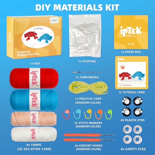 Image of iptek Crochet Kit for Beginners, Learn to Crochet, Include Easy Knitting Soft Yarn, Step-by-Step Video Tutorial, Hook, Holiday Birthday Gift for Adults and Kids(2 Pack Crab)