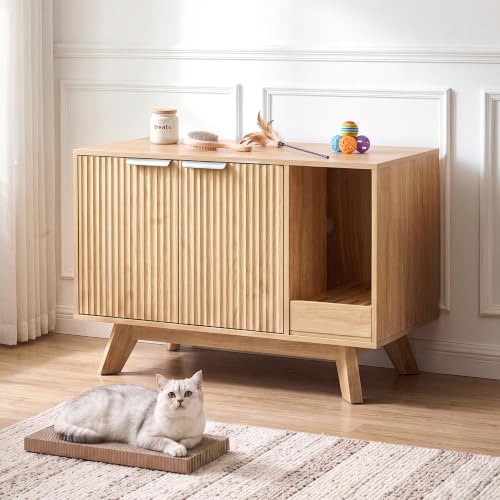 Image of Seang Cat Litter Box Enclosure with Litter Collector,Fluted Hidden Litter Box Furniture with Scratch Pad,31 inch Wooden Cat Cabinet,Cat House,TV Stand,Side Table for Living Room,Natural