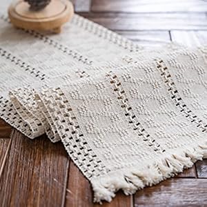 Alynsehom Macrame Table Runner Cream Beige Boho Table Runners with Tassels Hand Woven Cotton Table Runner Rustic Farmhouse Table Runners for Bohemian Kitchen Dining Table(12x71in)