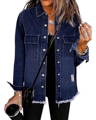Necooer Womens Casual Jean Jacket Boyfriend Distressed Oversize Jacket Coat Washed Raw Hem Denim Jacket for Women Fashion