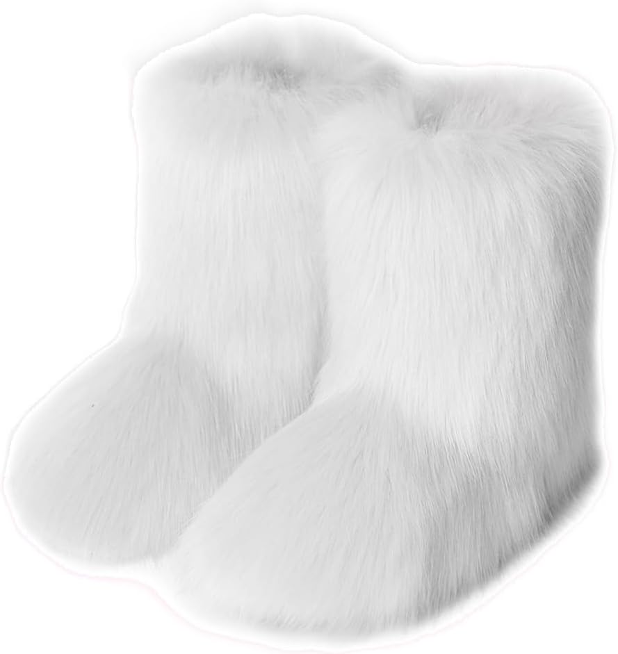 Women’s Faux Fur Boots Mid-calf Furry Snow Boots Flat Fluffy Warm Lined Winter Shoes Outdoor Indoor