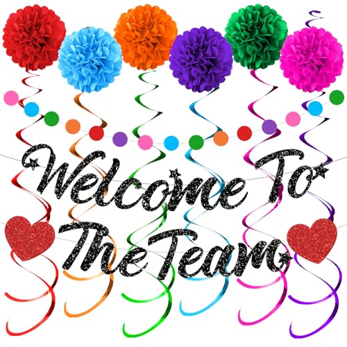 Welcome To The Team Party Decorations Black Glittery Welcome Signs Banner Hanging Swirls Colorful Paper Pompoms Circle Dots Garland for New Employee Coworker Teacher Colleague Staff Team Member Office Party