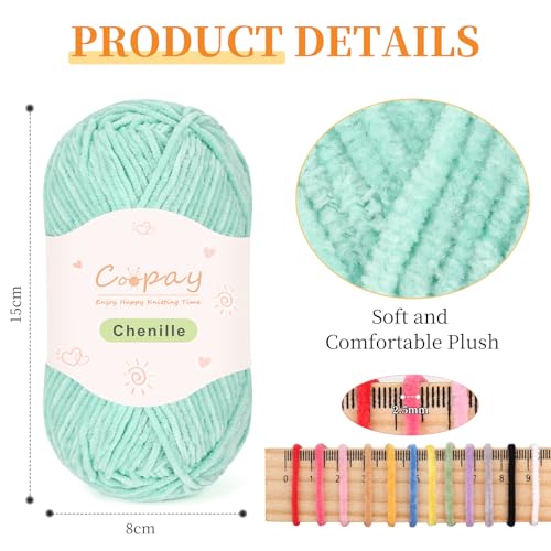 Image of Coopay Skinny Chenille Yarn for Crocheting and Knitting, 12 Pack of 50g /1.76oz - 1764yd Total, Soft Velvet Yarn of Baby Weights - Suitable for Baby Blankets, Plush Toys - Super Soft (Green Gradient)