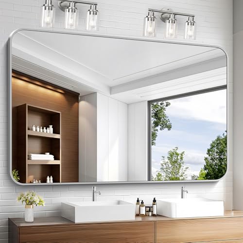 Image of KOCUUY Silver Bathroom Mirror, 60x40 Inch Large Bathroom Mirror for Over Sink, HD Tempered Glass, Anti-Rust Brushed Silver Frame, Rounded Corner Modern Design for Bathroom, Hang Horizontal /Vertical