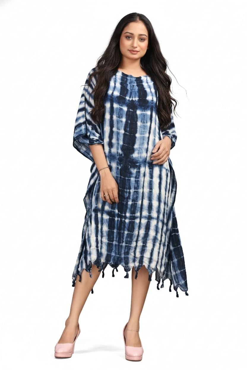 Hand Printed Cotton Women Beach Wear Cover-up Kaftan(Blue)-image-34