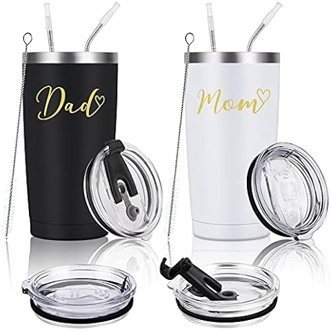 Mom and Dad Travel Tumbler Set, Mother's Day Christmas Gifts for New Parents New Pregnancy New Dad New Mom Anniversary Birthday, Stainless Steel Insulated Tumbler with 2 Lids(20oz, Black & White) Cover