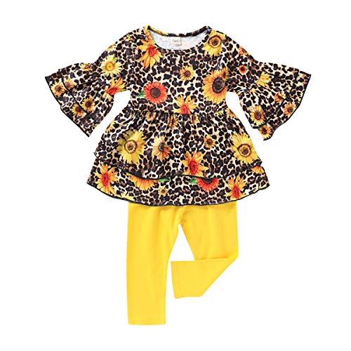Toddler Kids Baby Little Girls Outfits Long Sleeve Tassel Tunic Dress Pants Scarf 3Pcs Floral Clothes Set (2-3 Years, Yellow # Sunflower)