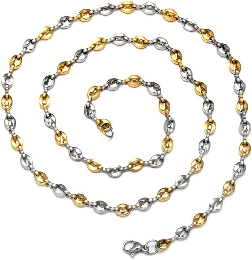 PAURO Unisex Stainless Steel 5MM Coffee Bean Oval Button Chain Necklace Titanium Choker Jewelry