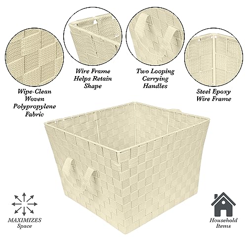 Image of Simplify Large Woven Strap Tote | Decorative Storage Basket | 2 Handles | Organization | Closet | Bedroom | Bathroom | Nursery | Accessories | Toys | Gifts | 4 Pack | Ivory