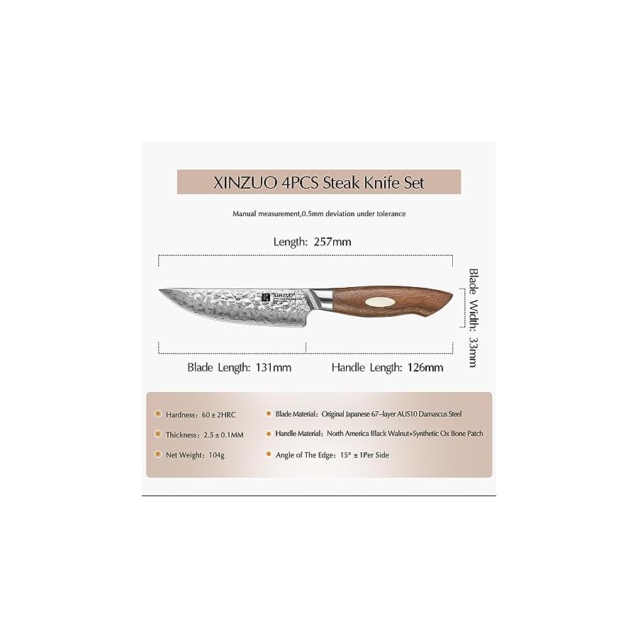 XINZUO 5 inch Steak Knives Set of 4,Japanese AUS-10 Steel 67 Layers Forged Damascus Steak Knife Set,Kitchen Table Knife,Black Walnut Wood Handle,Razor Sharp,Exquisite Box Package