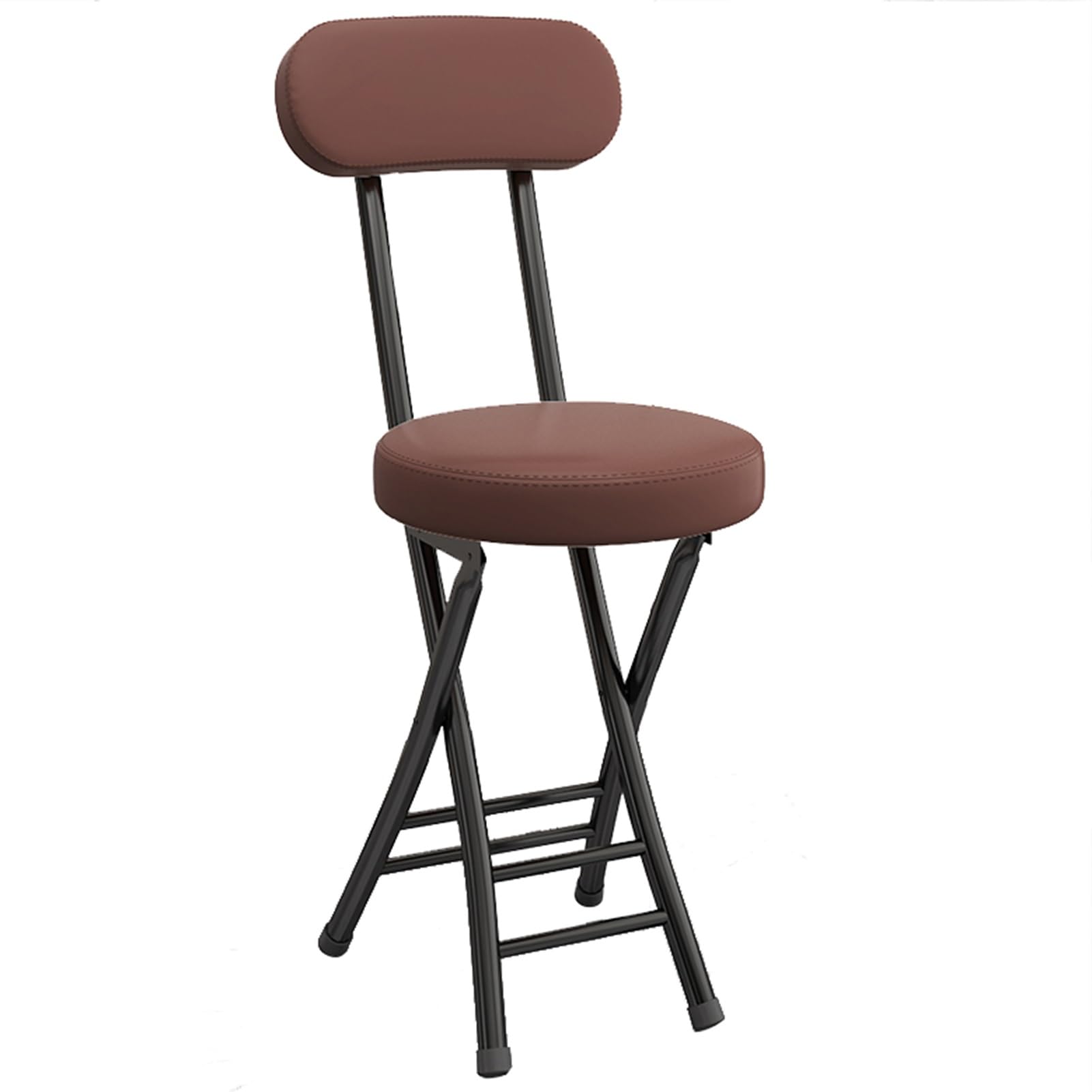 Tabouret Pliant avec Dossier, Tabouret de Bar Rond et Portable en Cuir rembourré for Cuisine (Marron)
