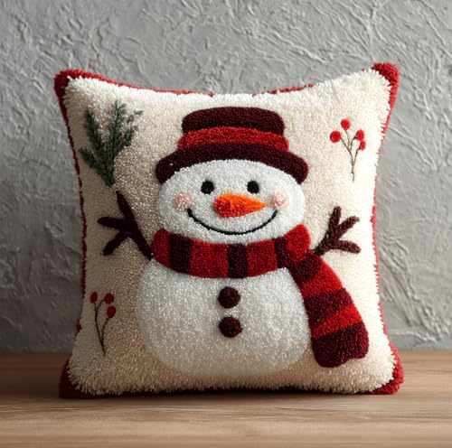 Taxpy Latch Hook Cushion Kits Christmas Snowman Pillowcase Kits Embroidery Kits 17X17 Inch DIY Needlework Pillow Cover Sofa Cushion Rug Making