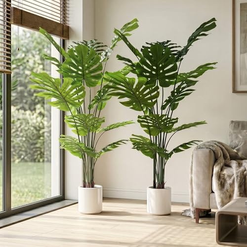 BEAUTYPEAK Kunstpflanze 150cm, Monstera Künstliche Pflanze Wie Echt mit weißem Topf, Standfest, Biegbare Blätter, Zimmerpflanze Deko für Wohnzimmer Schlafzimmer Büro Flur, Fake Plant 2 Stück